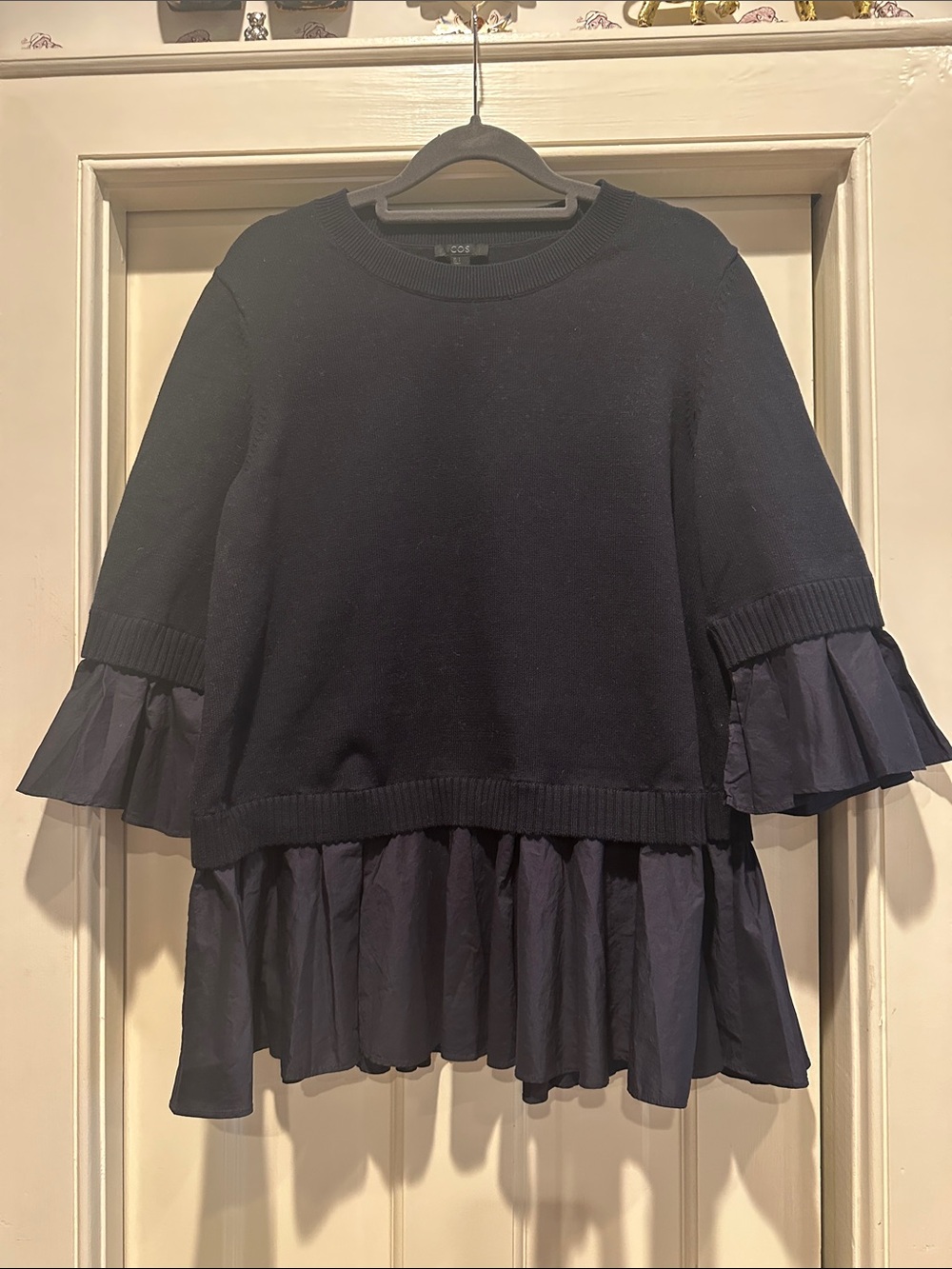 COS Navy Ruffle Hem Pullover Top